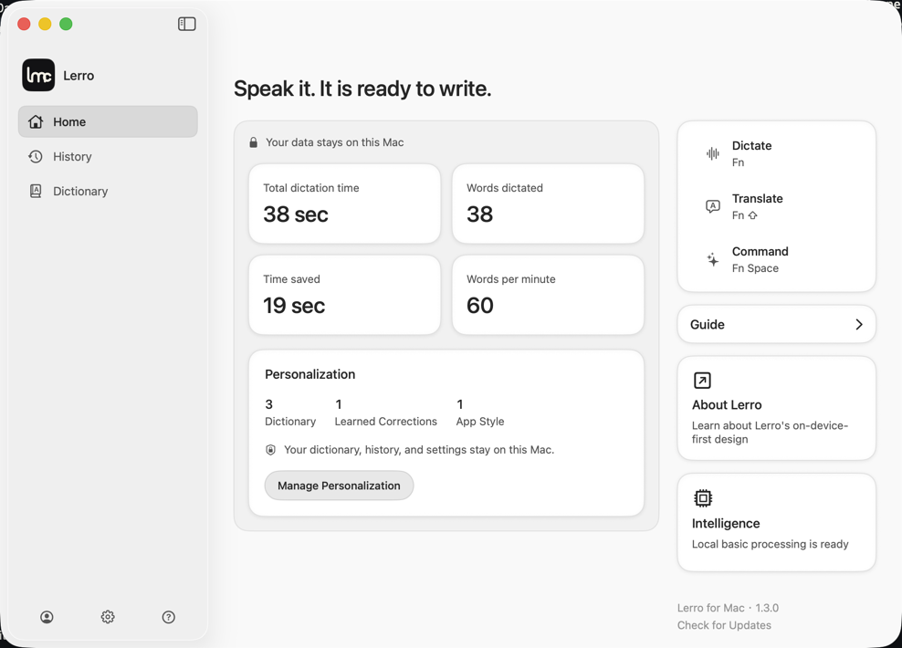 Lerro home screen with recent dictation and personalization status