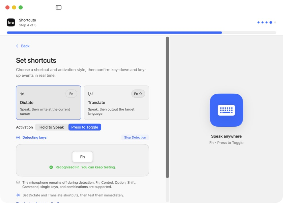 Lerro onboarding recording and testing the user's actual dictation shortcut