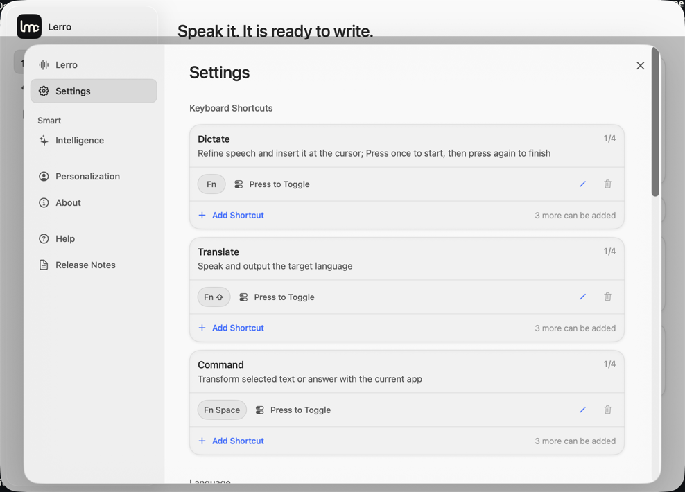 Lerro settings for Dictate and Translate shortcuts